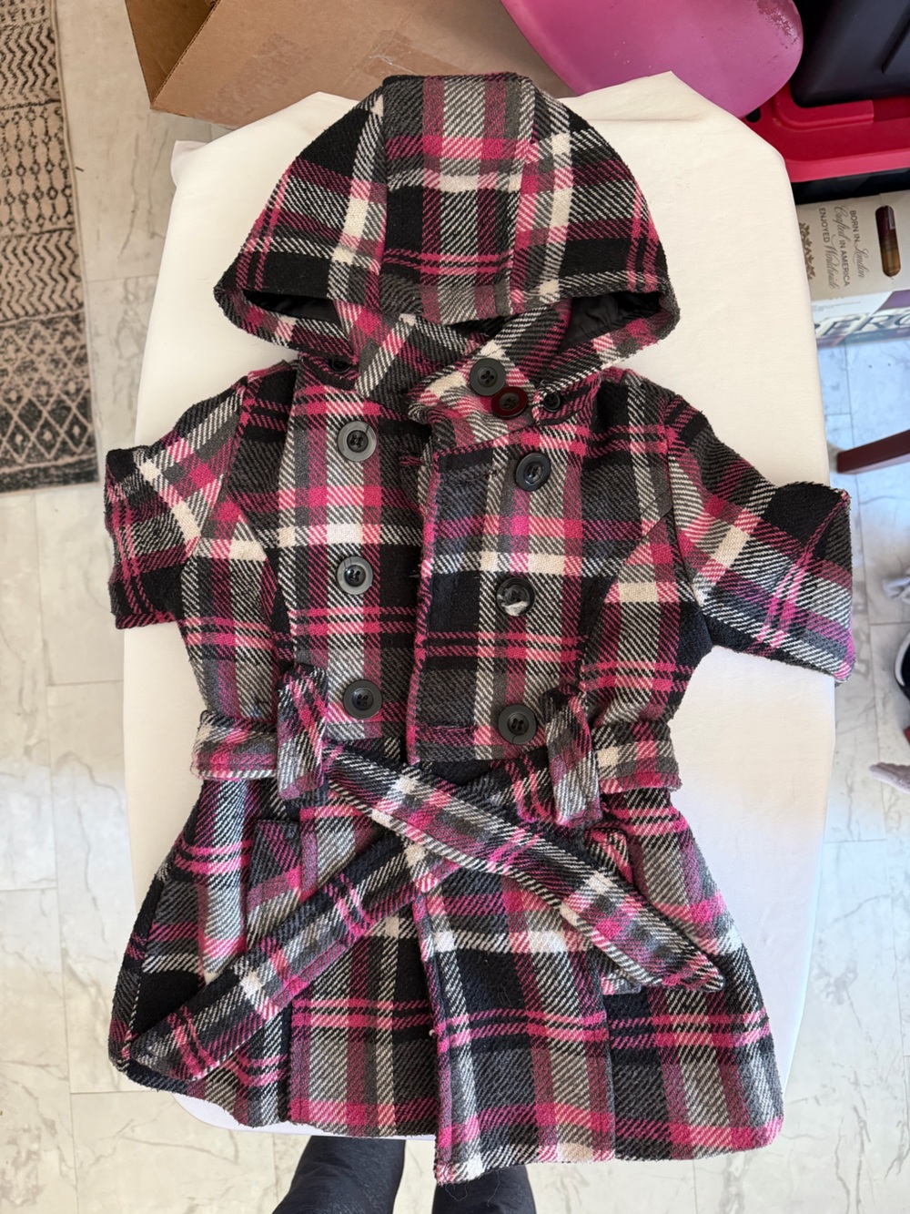 Dollhouse Black, Pink & White Plaid Hooded Double-Breasted Coat